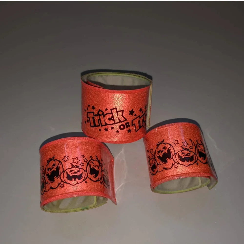 3 Vintage Halloween Slap Bracelets, Reflective‎ Safety Trick or Treat Wristbands